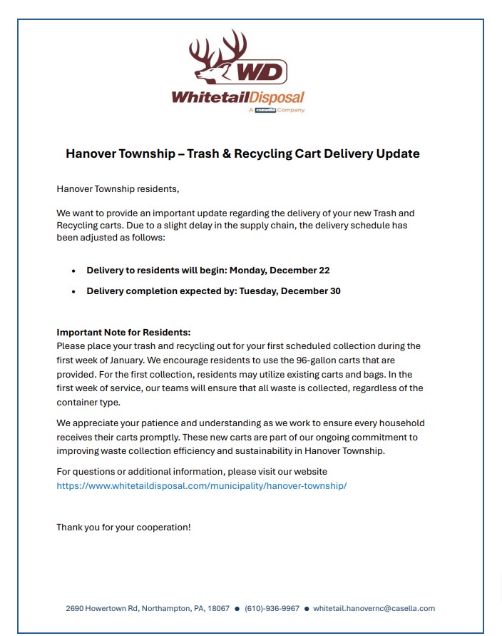 Hanover Township - Trash & Recycling Cart Delivery Updates